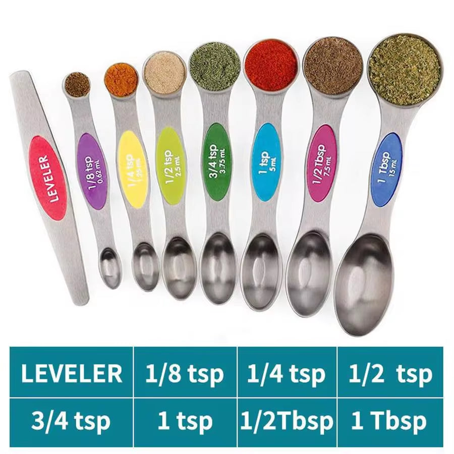 Magnetic Measuring Spoon Set, Double-Sided, Stainless Steel, Suitable for Seasoning Cans, 8-Piece Set