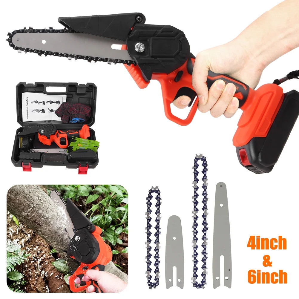 6" Mini Handheld Electric Chainsaw Cordless Chain Saw 21V 550W Battery Powered with 2Pcs 4" Chain 2Pcs 6" Chain 2Pcs Battery