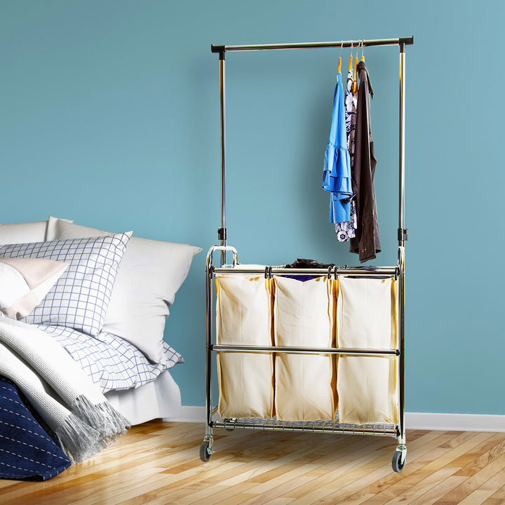 3-Bag Laundry Sorter with Adjustable Clothes Bar