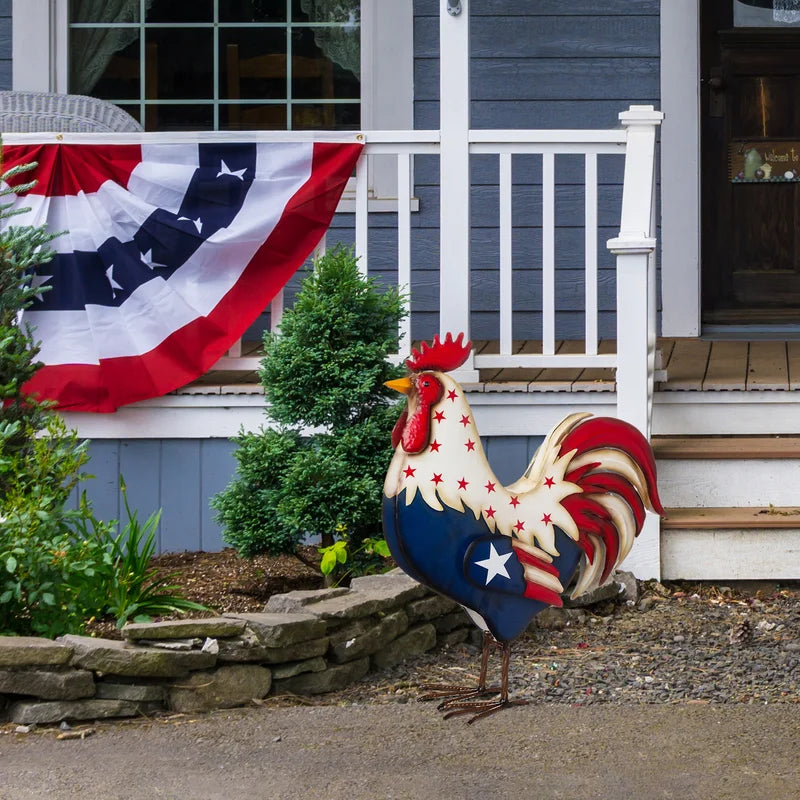 Metal Patriotic Rooster Porch Sign Figurine