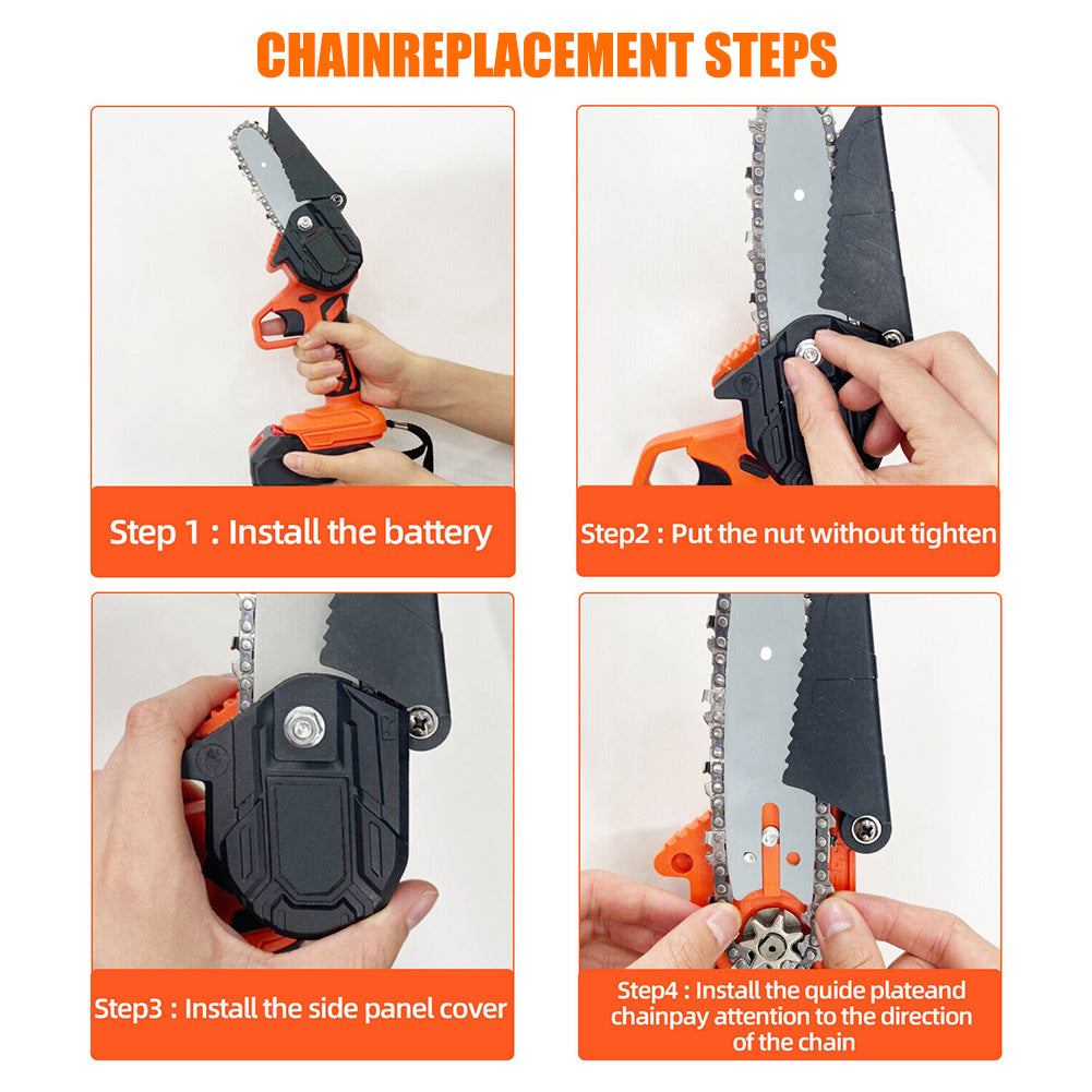 6" Mini Handheld Electric Chainsaw Cordless Chain Saw 21V 550W Battery Powered with 2Pcs 4" Chain 2Pcs 6" Chain 2Pcs Battery