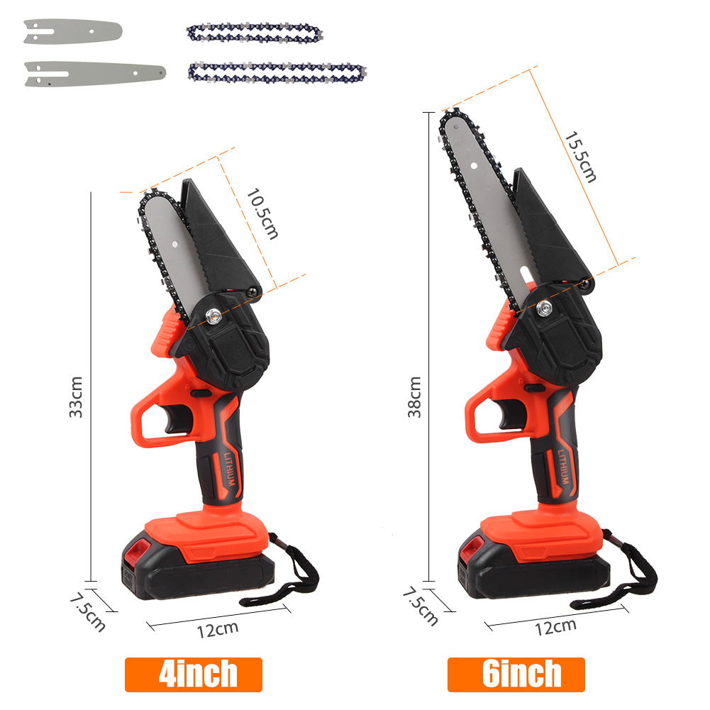 6" Mini Handheld Electric Chainsaw Cordless Chain Saw 21V 550W Battery Powered with 2Pcs 4" Chain 2Pcs 6" Chain 2Pcs Battery