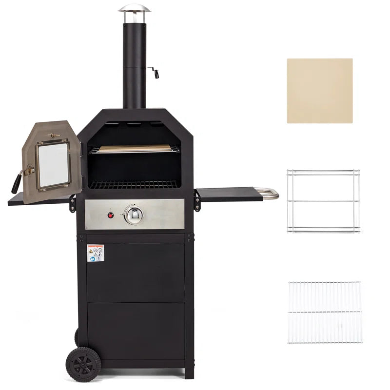 Outdoor Portable Propane Gas Pizza Oven with Wheels, Foldable Shelf, Handle