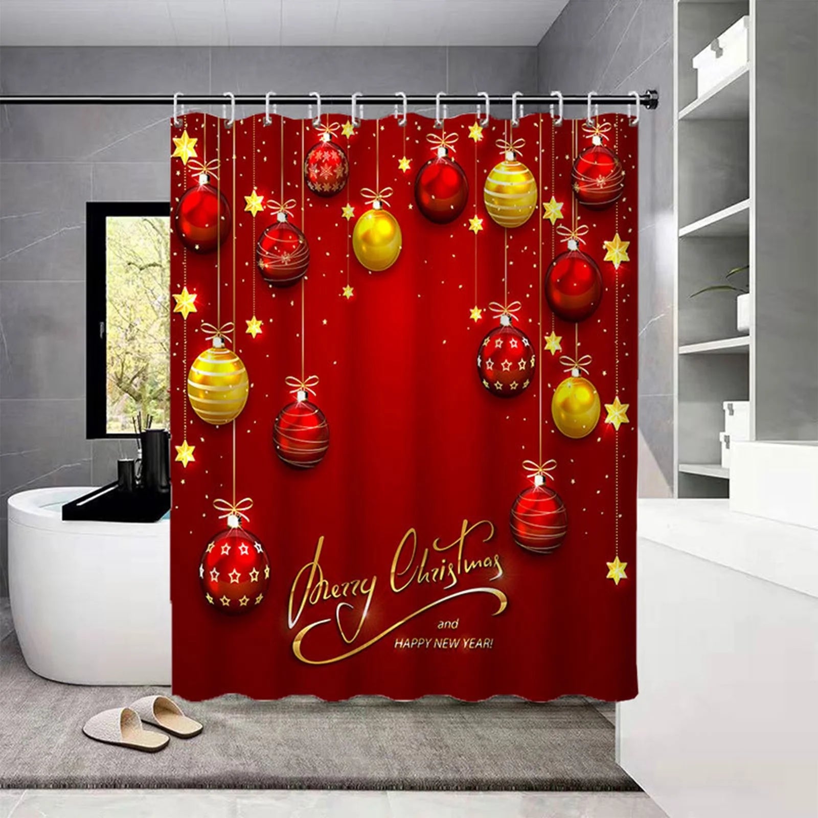 Shower Curtain  Lightweight 71 X 71 Inch Winter Christmas Balls Print Shower Curtains with 12 Hooks Waterproof Red Xmas Balls Bath Curtain for Bathroom, Christmas Decorations on Clearance