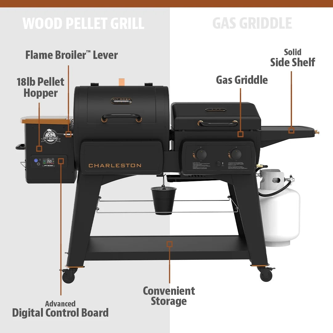 Charleston 1020 Sq in Wood Pellet Grill/Gas Griddle Combo - Onyx Edition