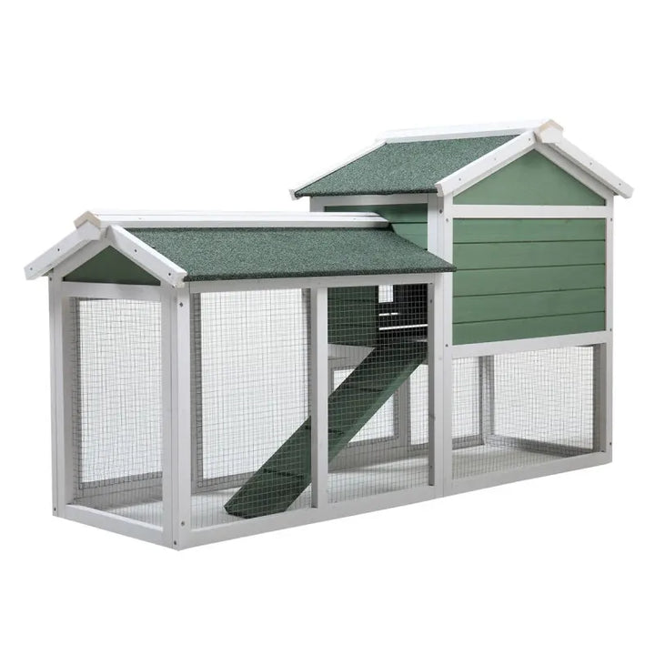 Large Wooden Rabbit Poultry Hutch Indoor and Outdoor Bunny Cage with a Removable Tray and a Waterproof Roof, Grey Green+White