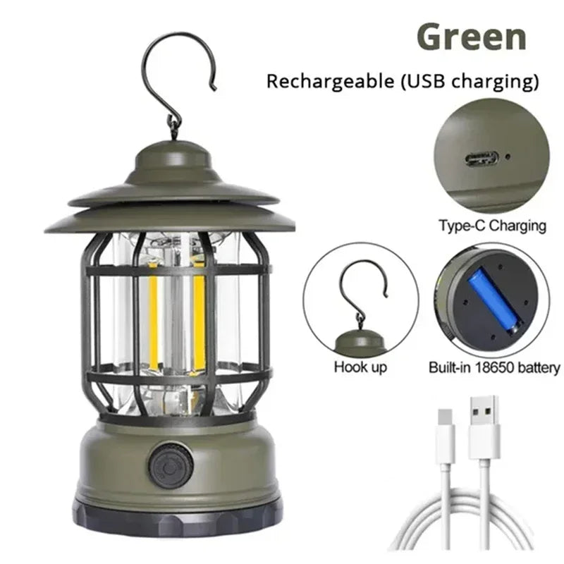 2Pack Camping Lantern USB Rechargeable Battery Powered Retro Camping Light Waterproof Hanging LED Tent Lamp for Hiking Fishing