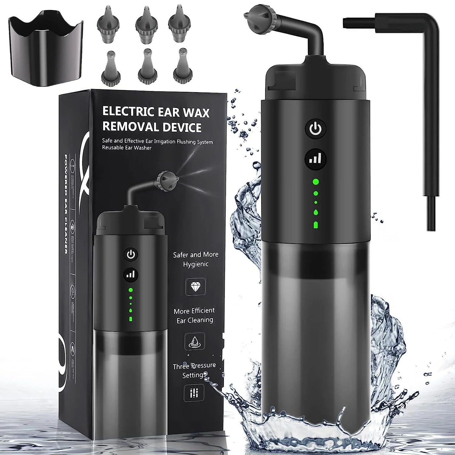 Water Powered Ear Cleaner, Safe & Effective Electric Triple Jet Stream with 3 Pressure Settings for Ear Wax Buildup, Water Resistant, USB Rechargeable Black