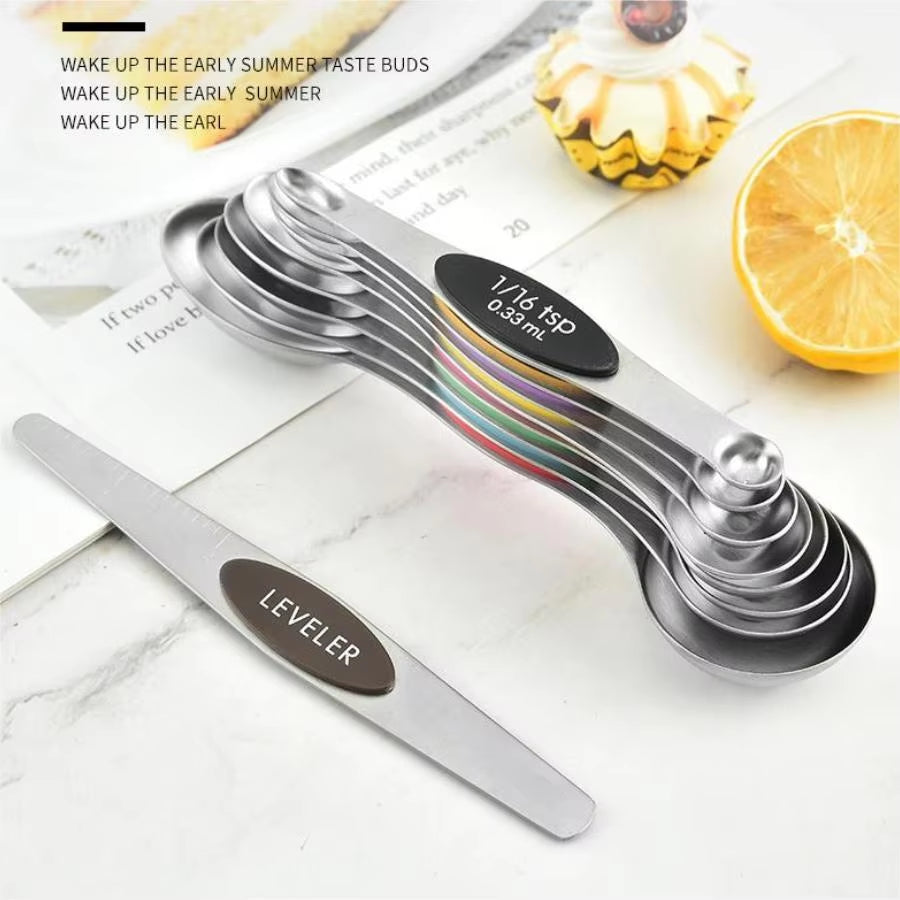 Magnetic Measuring Spoon Set, Double-Sided, Stainless Steel, Suitable for Seasoning Cans, 8-Piece Set