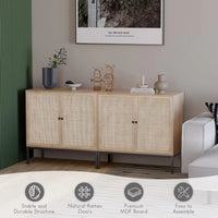 Sideboard Cabinet with Handmade Natural Rattan Doors, Boho Credenzas Accent Furniture Cupboard Console Buffet with Storage