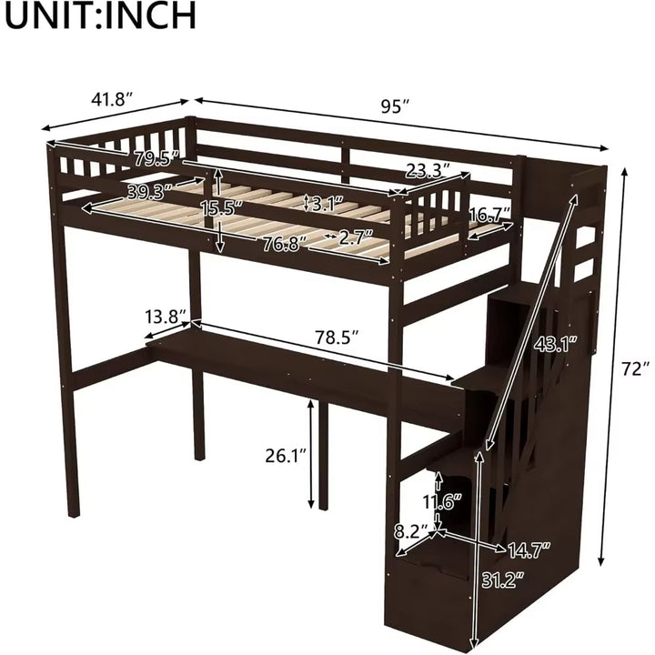 Twin Size Loft Bed with Stairs and Desk, Solid Wood Loft Bed with Staircase and Storage, Stairway High Loft Bed Frame