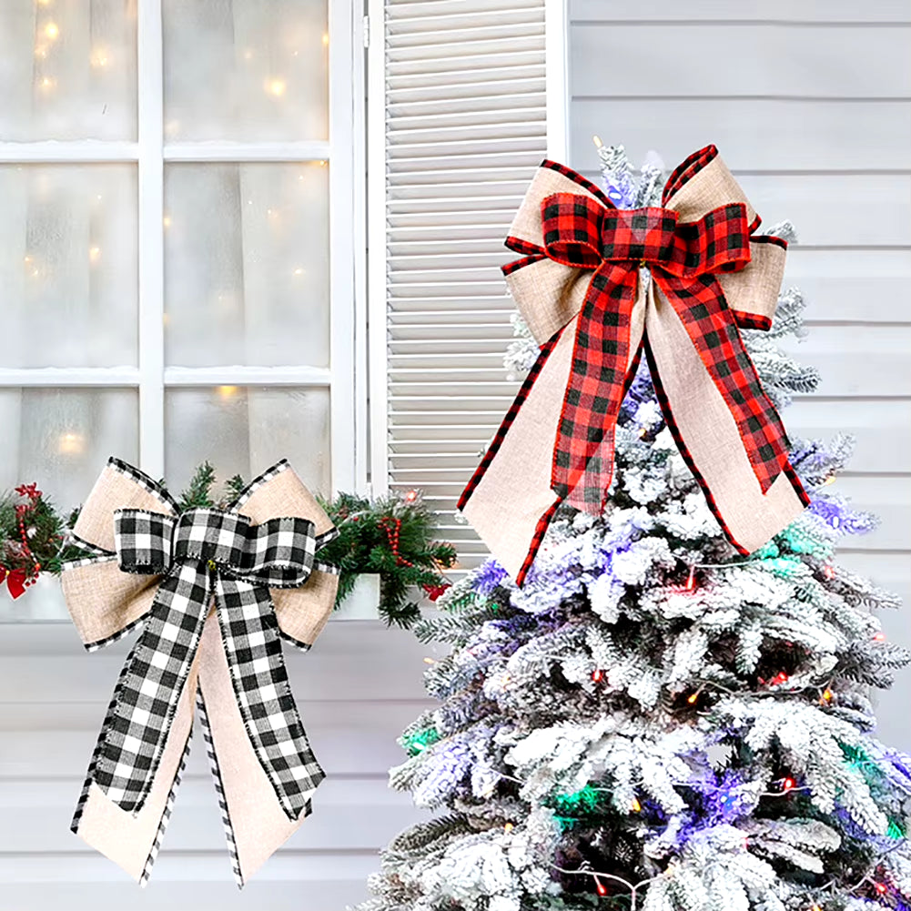 Christmas Bows Tree Topper Buffalo Plaid Xmas Holiday Bow Ornaments for Wreath Front Door Burlap Rustic Farmhouse Decoration