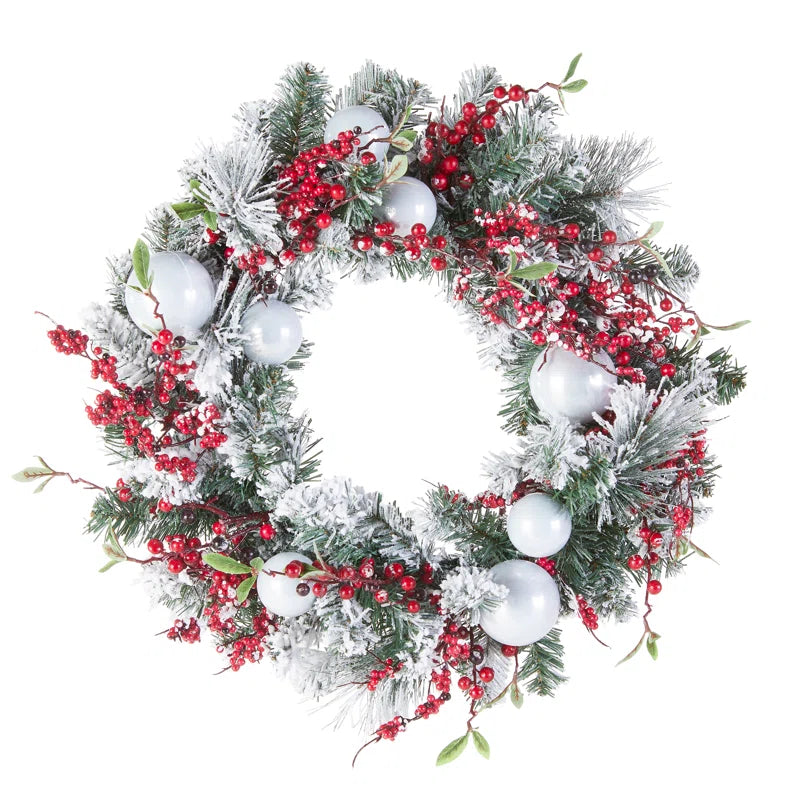 24 In. Flocked Wreath with Ornaments