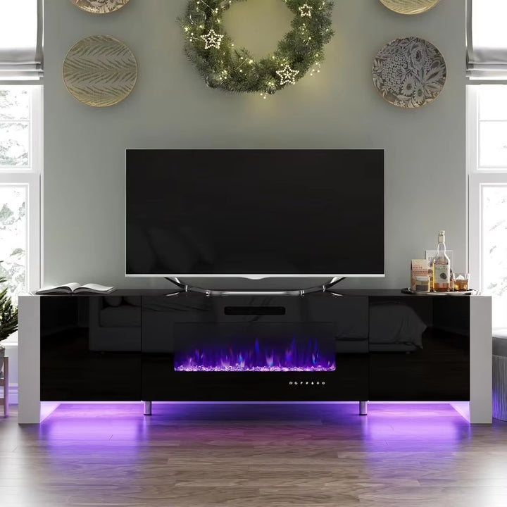 70" Fireplace TV Stand with 36" Electric Fireplace, High Gloss Entertainment Center with LED Lights, Modern Entertainment Stand