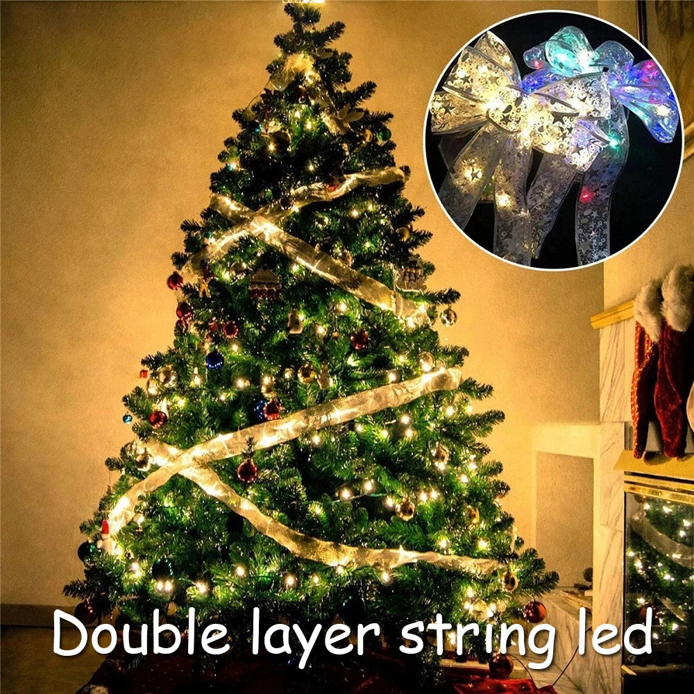 50 LED 5M Double Layer Fairy Lights Strings Christmas Ribbon Bows with LED Christmas Tree Ornaments New Year Navidad Home Decor