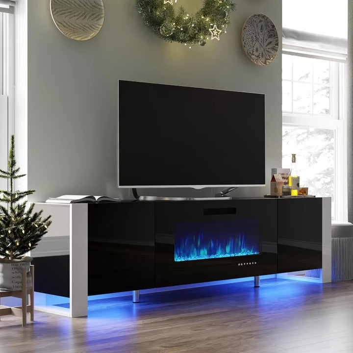 70" Fireplace TV Stand with 36" Electric Fireplace, High Gloss Entertainment Center with LED Lights, Modern Entertainment Stand